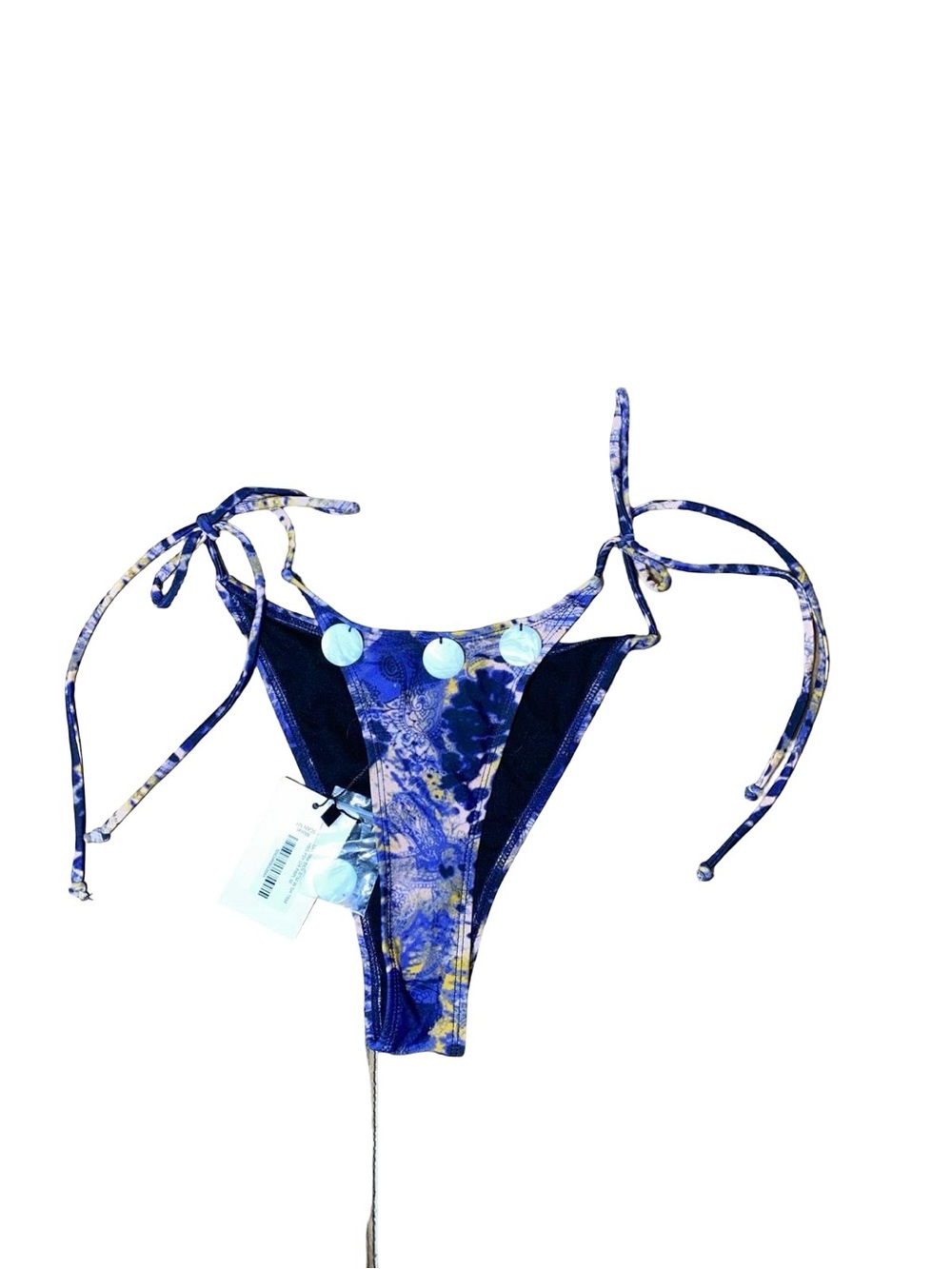 Motel Lentra Bikini Bottom NWT Blue Psychedelic Dream String Shell Detail Sz M